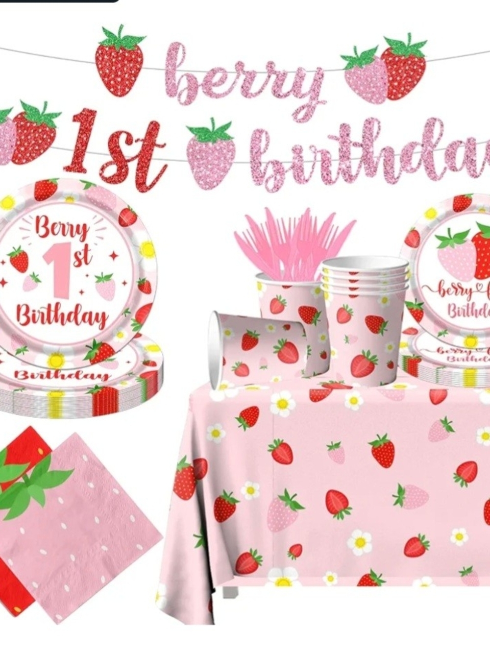cupcakes & cashmere Pink Strawberry 1st Birthday Party Tableware Kit